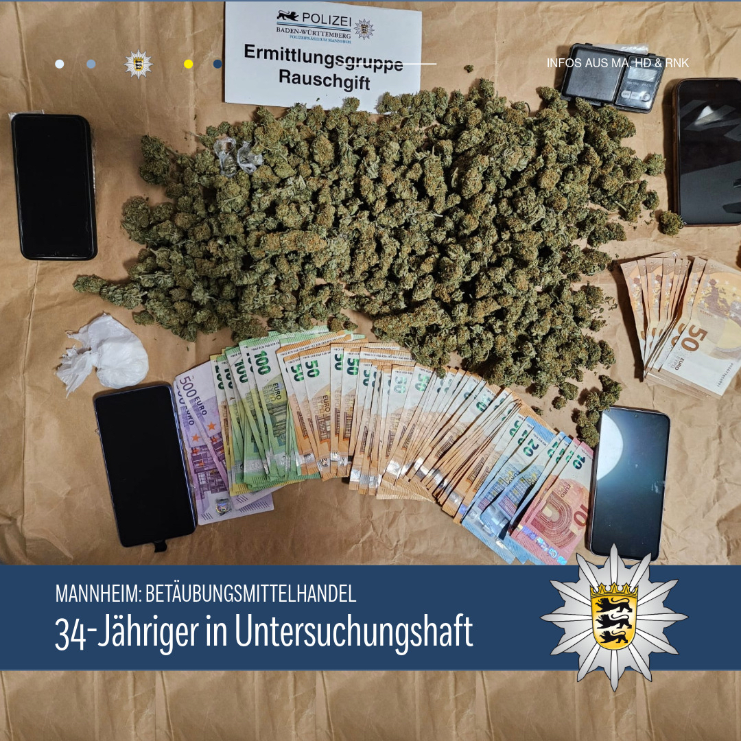 Haftbefehl gegen 34-Jährigen wegen mutmaßlichen gewerbsmäßigen Drogenhandels in Mannheim erlassen
